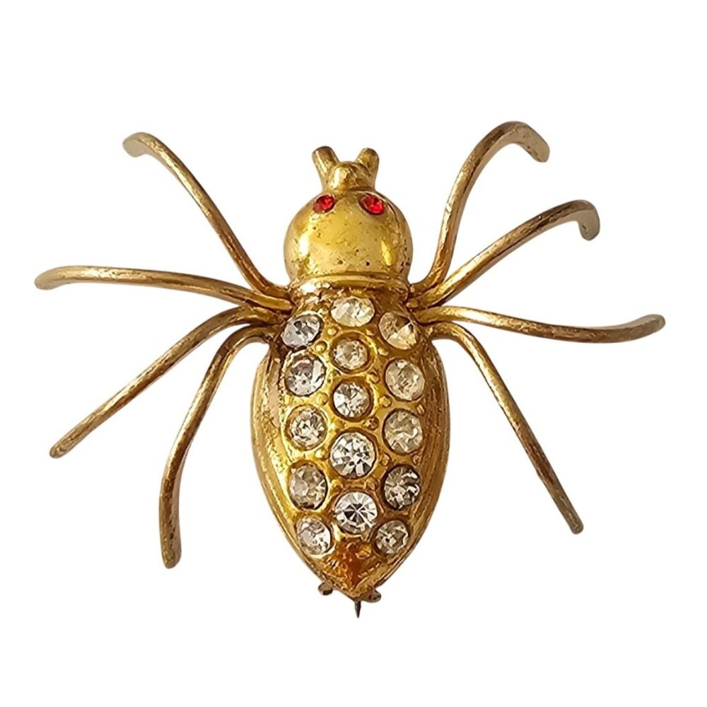 Spider Brooch Clear Rhinestone Vintage Pin J326
